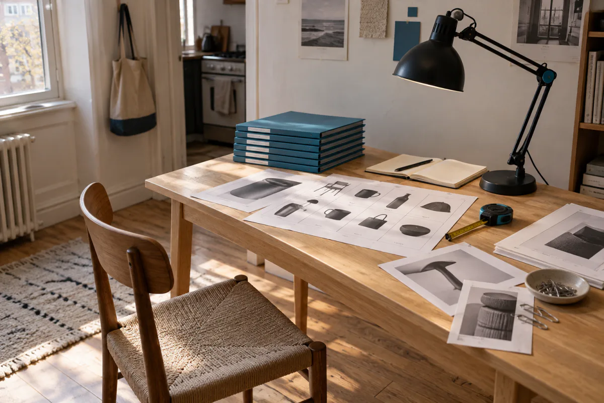 A compact apartment dining table serves as an independent research desk with source notes, category folders, and measuring tools.