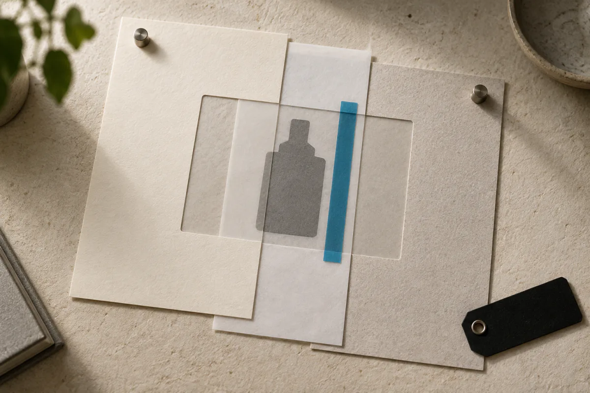 Layered source sheets align an abstract product silhouette beside a blue editorial boundary.