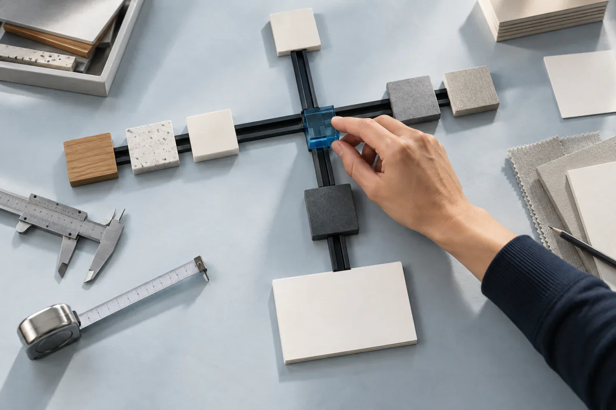 A hand moves a blue selector through a tactile board of product categories and decision boundaries.