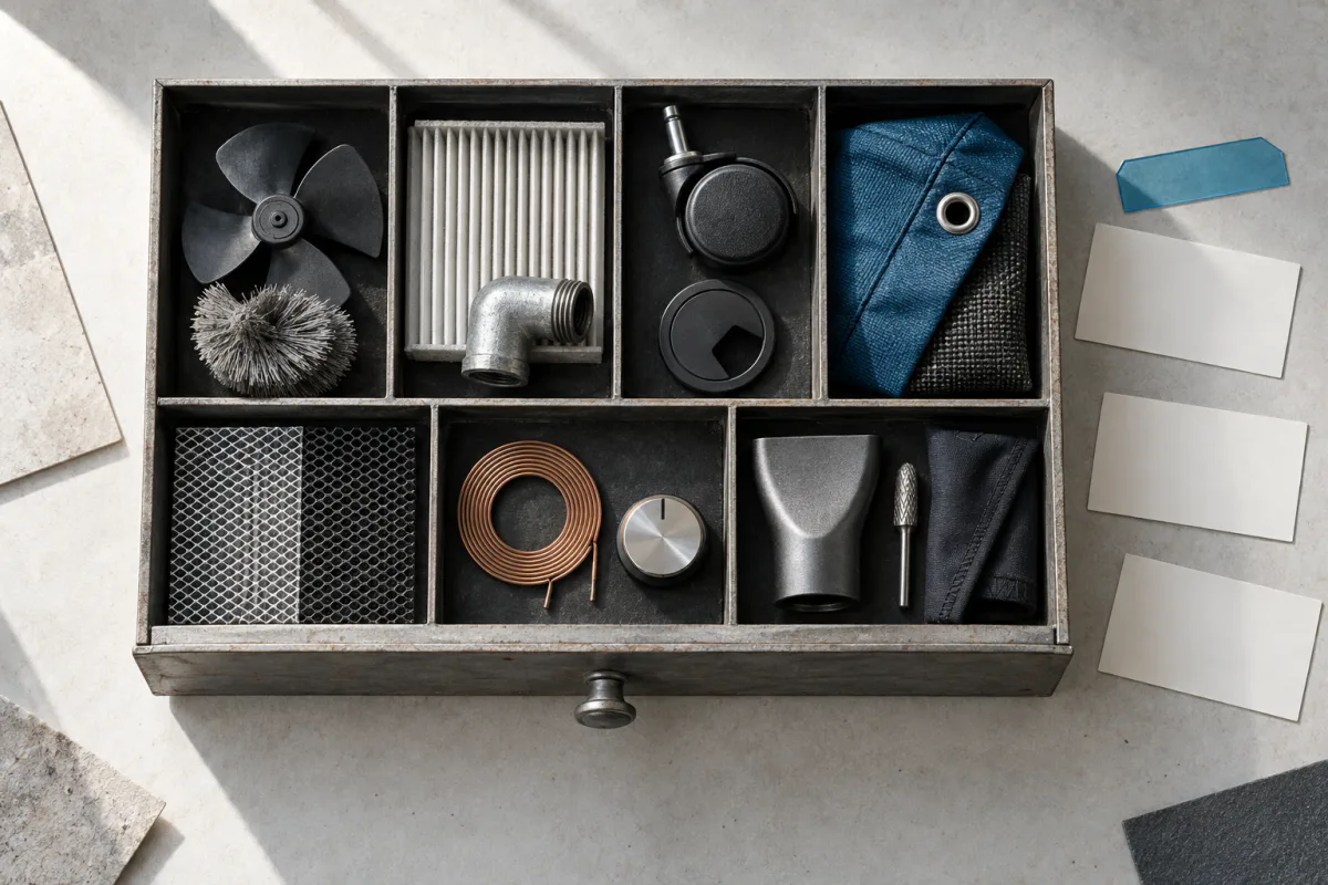 An overhead archive tray organizes product parts and material samples into seven research categories.