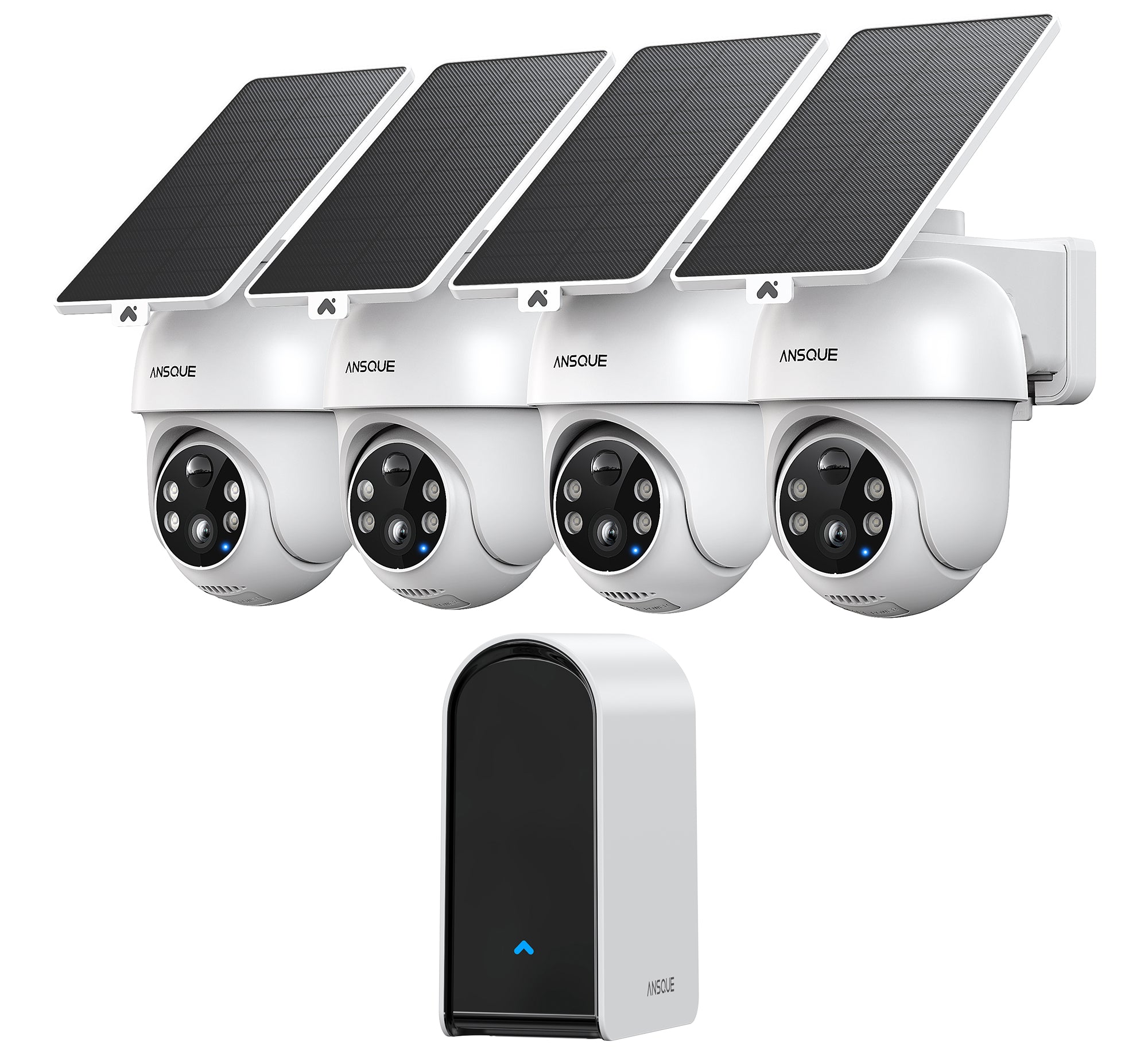 ANSQUE GU01 four-camera outdoor security kit with base station and solar panels.