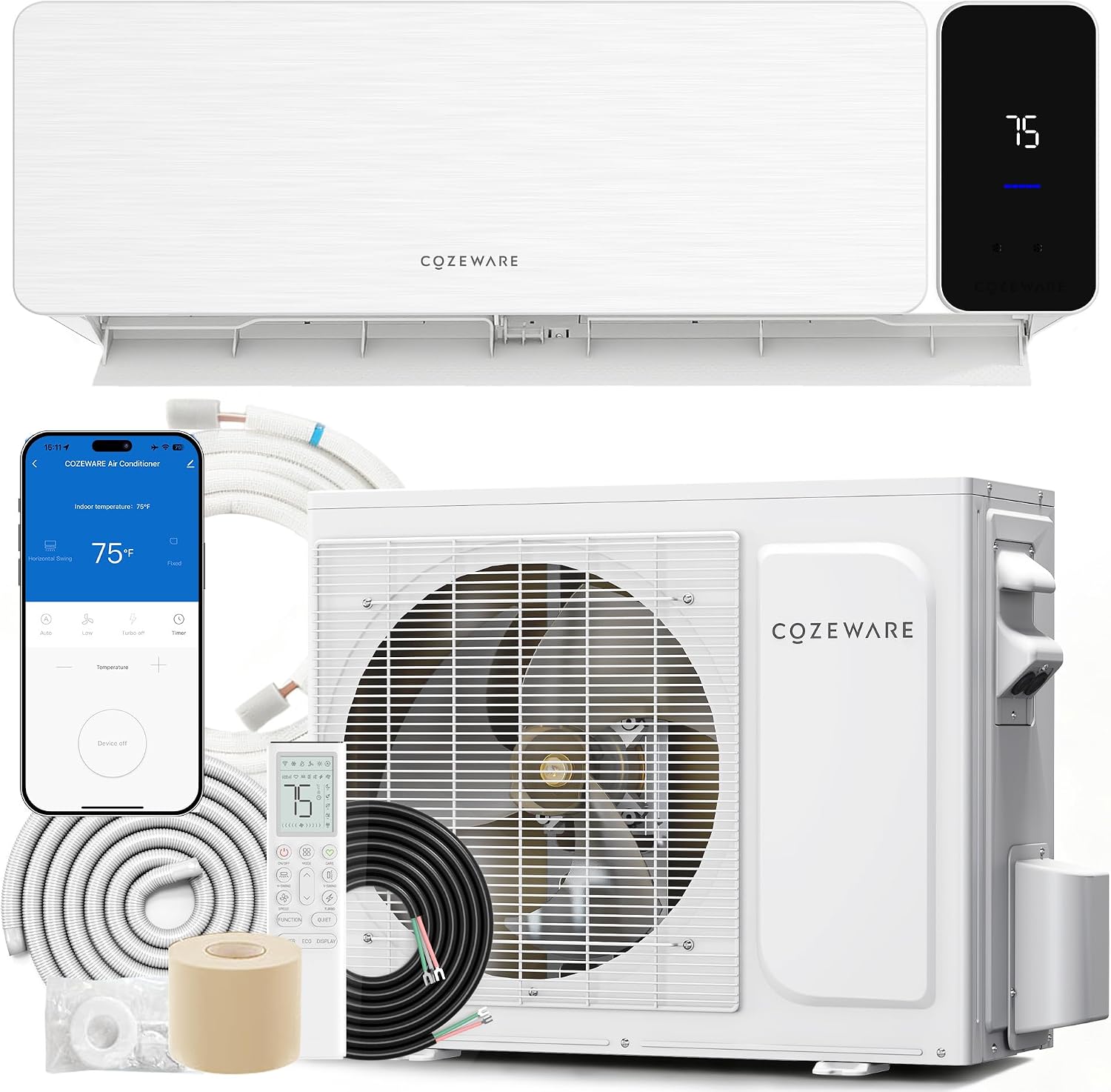 Cozeware ductless mini-split indoor and outdoor units with installation components.