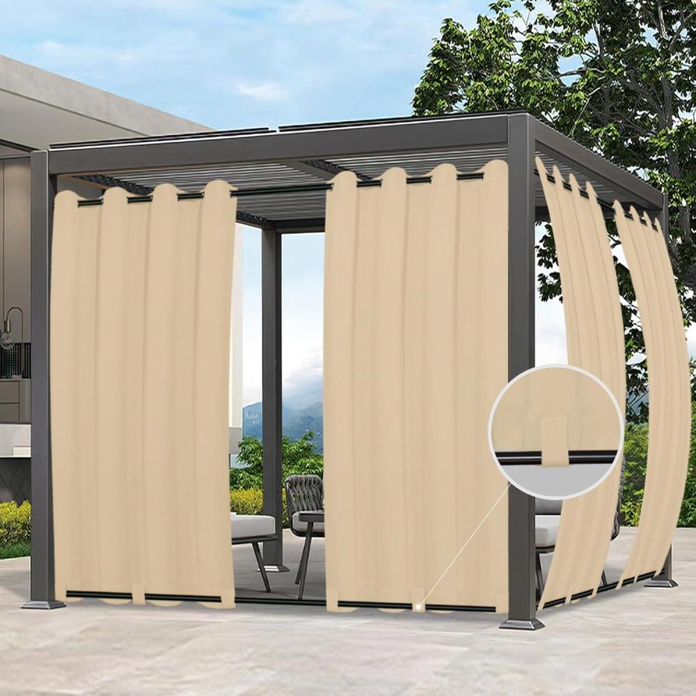 Beige Easy-Going outdoor curtain panel with grommet top and bottom tabs.
