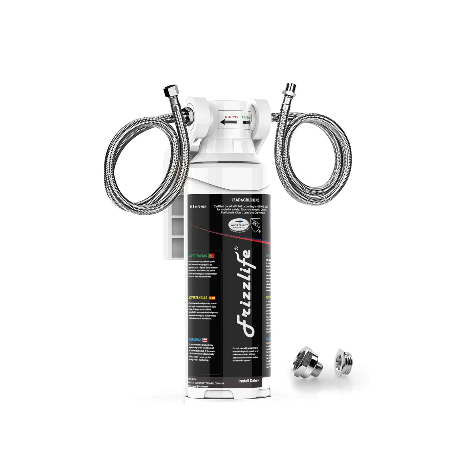 Frizzlife MK99 under-sink filter housing with connection hoses.