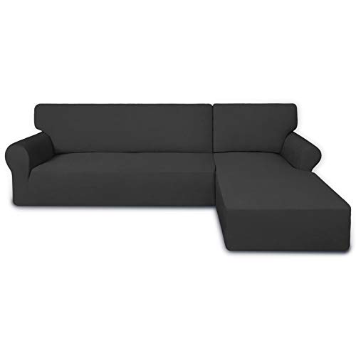 Dark grey PureFit two-piece cover installed on an L-shaped sectional.