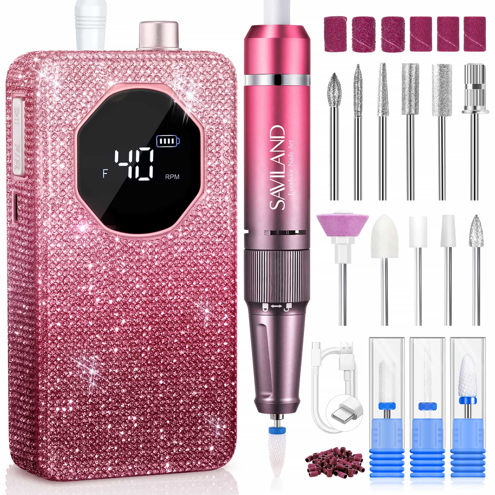 SAVILAND electric nail drill control unit, handpiece, and bits.