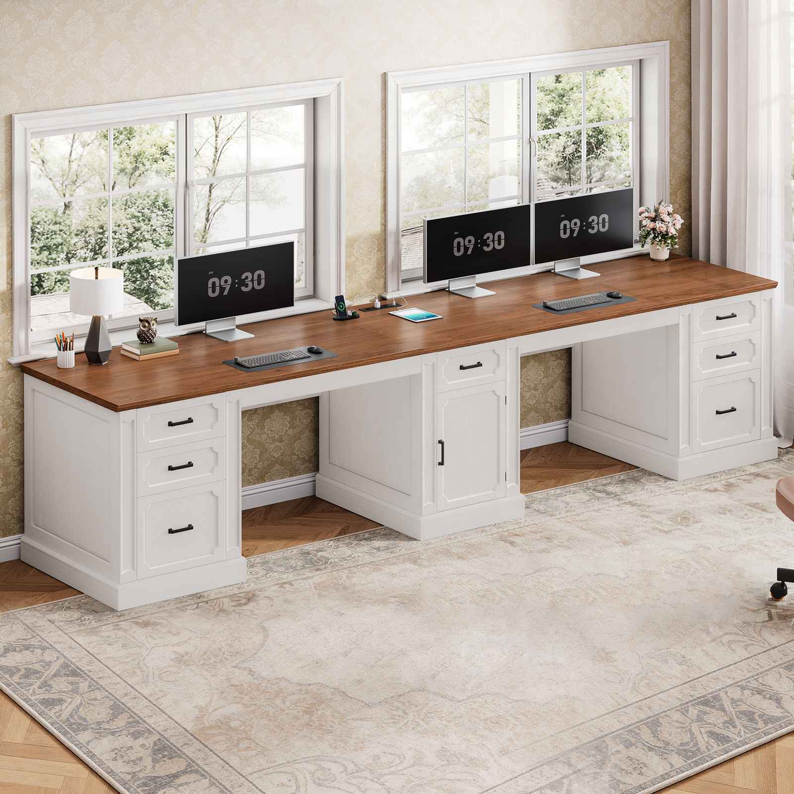 White and brown SEDETA two-person desk with drawers and center storage.
