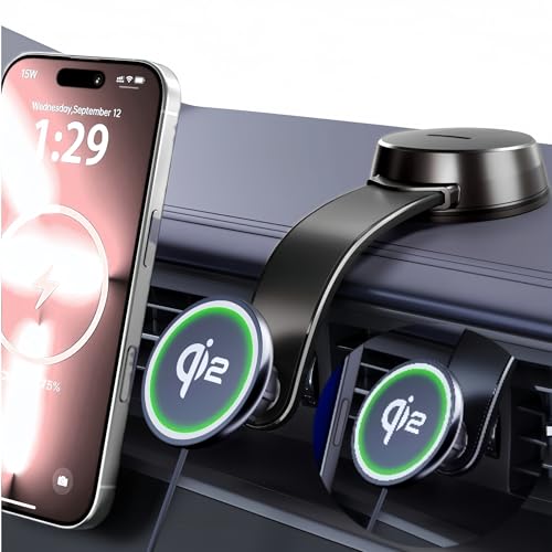 Black TUORL magnetic wireless car charger and suction mount.